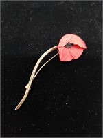 Vintage Sterling Silver Red Rose Pin