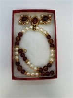 Designer Amber + Pearl Necklace + Earring Set