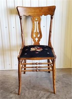 Antique Oak Side Chair With Needlepointed Seat