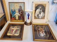 Vintage Religious Prints & Ceramic  Lamp