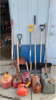 Lawn and garden tools, gas cans.