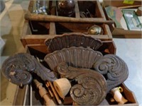 2 old wooden boxes w/decorative wood, marbles, etc