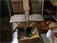 2 antique wooden folding chairs, box of vases