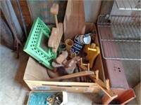 Small wood ironing board, misc wooden items