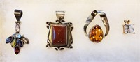 4 Sterling Siver Pendants With Stones