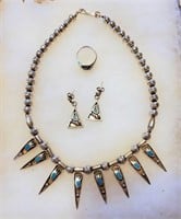 Navajo Silver & Turquoise Necklace Earrings & Ring
