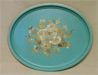 Artist Signed Floral Blue Oval Tole Tray.