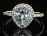 Natural 1.47 ct Pear Cut Aquamarine & Diamond Ring