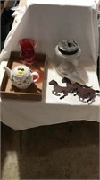 Tea pot, jar and vase, horse wall hanging