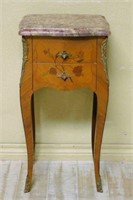 Marble Top Marquetry Inlaid Mahogany Side Chest.