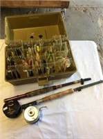 Bass pro Tackle box and lures, 2 fly rods