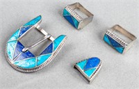 Navajo Silver Turquoise & Lapis Belt Buckle 4 Pcs.