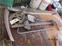 OLD BAR CLAMP, SYTHE AND BLACK SMITH TONGS