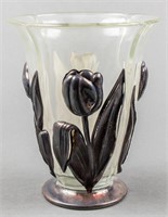 Glass Vase with Silver Tone Flowers and Base