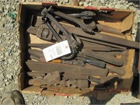 BOX OF OLD FILES, PIPE WRENCH AND MISC TOOLS