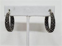 .925 Sterling Silver Marcasite Hoop Earrings
