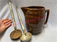 Old brown stoneware pitcher & 2 old ladles