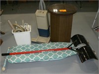 IRONING BOARD, SNOW SHOVEL, CARDBOARD TABLE,