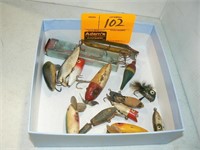 BOX  OF VINTAGE FISHING LURES (SOME WOOD)