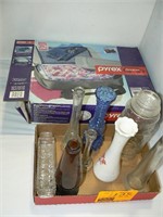 FLAT WITH VASES, PYREX PORTABLES CASSEROLE IN BOX