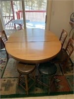 Oak dining table with 3 chairs and 2 bar stools
