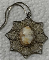 Sterling Silver Filigree Necklace w/ Carved Cameo
