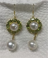 Sterling Silver Earrings w/ Peridot & Pearls