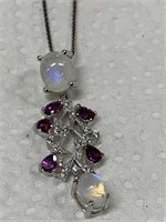 Sterling Silver Necklace w/ Moonstones & Garnets
