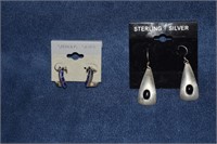 Two Sterling Silver Earrings w/ Onyx & Blue Stone