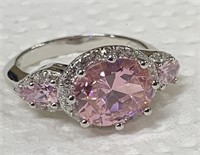 Sterling Silver Ring w/ Pink & White Stones Sz 6