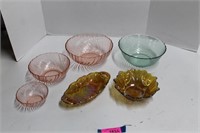 Three Pink Nesting Bowls, Blue Bowl and Amber