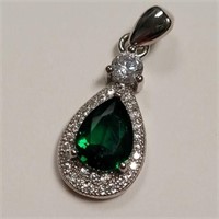 Sterling Silver Emerald & Cz Necklace Pendant SJC