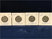 1933, 34, 35, 36 Canadian nickels