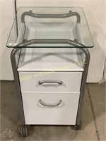 Rolling Glass Top 2 Drawer File Cabinet