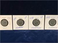 1936, 37, 38, 39 Canadian nickels