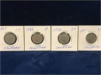 1937, 38, 39, 40 Canadian nickels
