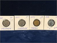 1941, 42, 43, 44 Canadian nickels