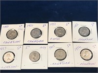 1950, 51, 51c, 52, 53, 54, 55, 56 Canadian nickels