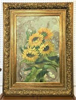 Large Sunflower Oil on Canvas in Ornate Gilt Frame