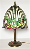 Tulip shaped Tiffany glass shade on metal lamp