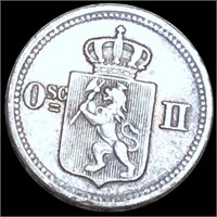 1875 Norwegian Silver 10 Ore ABOUT UNCIRCULATED