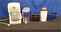 Box Lot with Coffee Pot, Water Dispenser, Pots