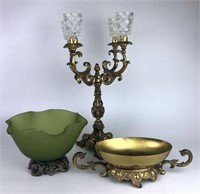 Ornate Metal Candelabrum, Green Glass Bowl with