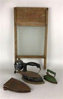 Antique Irons, Iron Rest & Glass Washboard