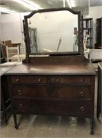 Antique 4-Drawer Dresser with Mirror on Casters