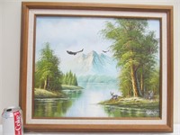 167, 1996 signed oil painting, deer & eagles