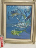 116, Oil painting on bd. Fish, C Baron
