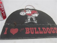 Hanging sign, I Love the Bulldogs, on slate