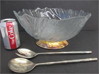 Glass/metal salad bowl w. metal utensils