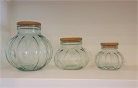 (3) Vintage Green Glass Pumpkin Apothecary Jars